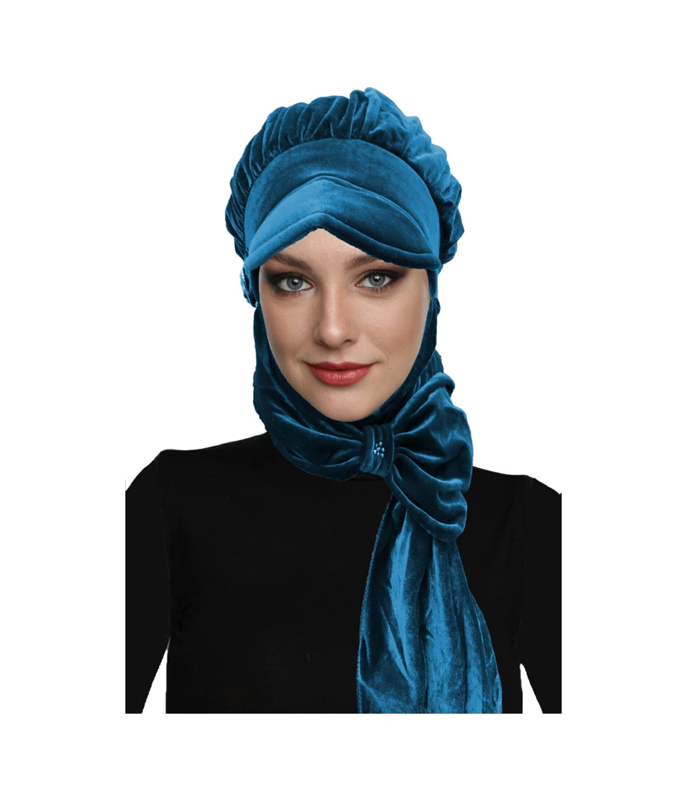 Kadife Şapka Atkılı Toka Detaylı Petrol Hazır Türban Tesettür Bone Petrol