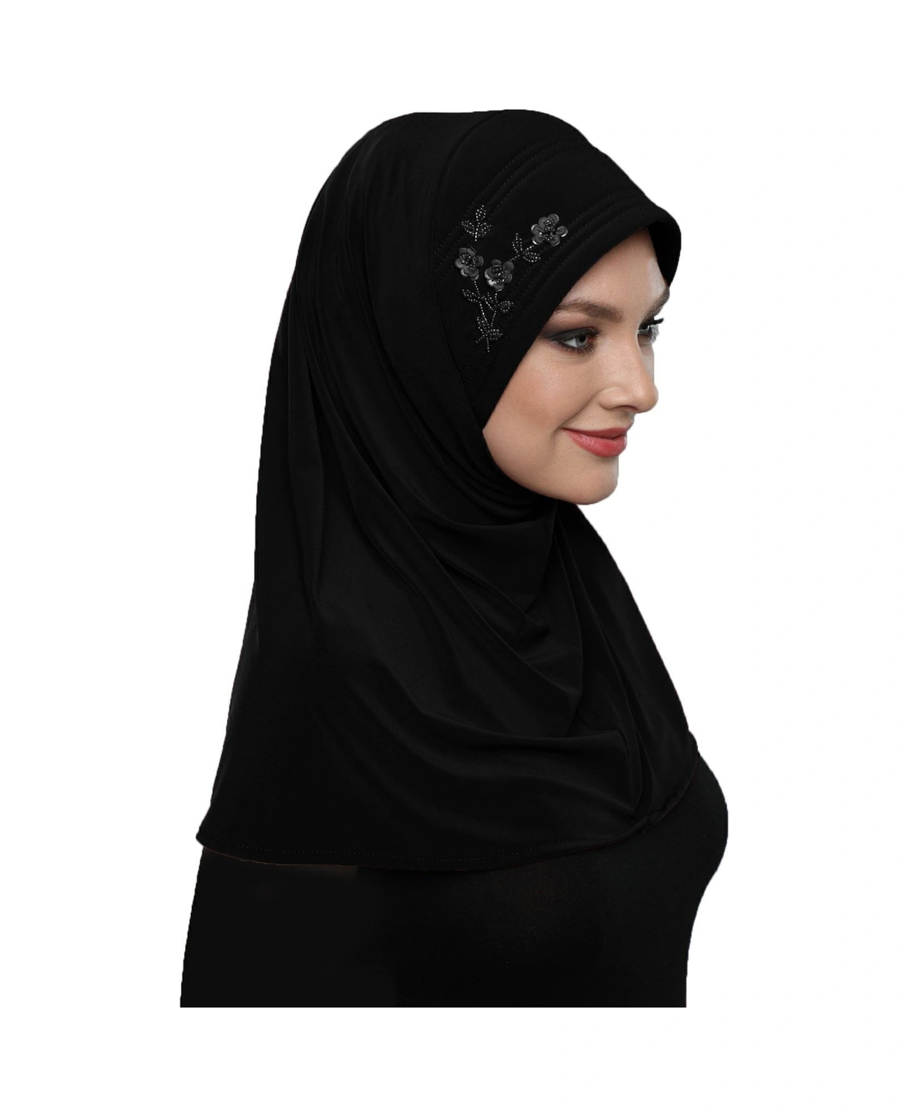 Takmatik Taşlı El Işi Boncuk Işlemeli Siyah Hazır Türban Tesettür Bone Namaz Örtüsü Siyah