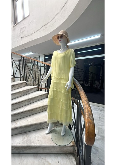 İtalyan 2 Beden Ince Gösteren Yarım Kol Kat Kat Ipek Elbise-8794 Sarı