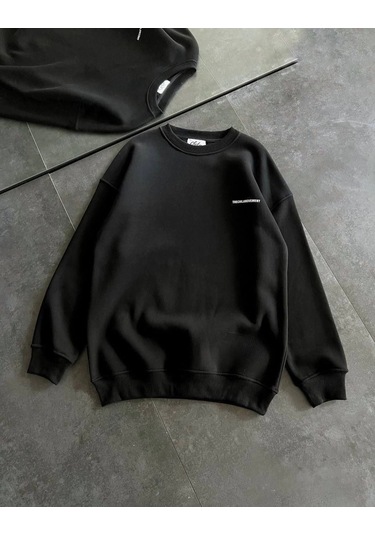 Kışlık Bisiklet Yaka Oversize Baskılı Sweatshirt - Siyah Siyah