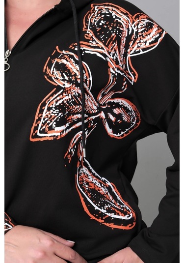 Kapüşonlu Fermuarlı Baskılı Takım Siyah