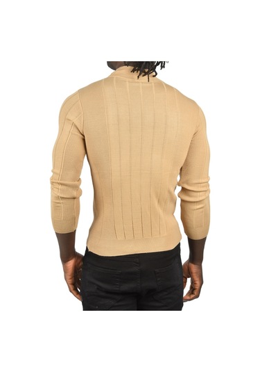 Deepsea Erkek Camel Yarım Balıkçı Yaka Çizgili Tüylenmeyen Slim Fit Triko Kazak 2505491 Camel