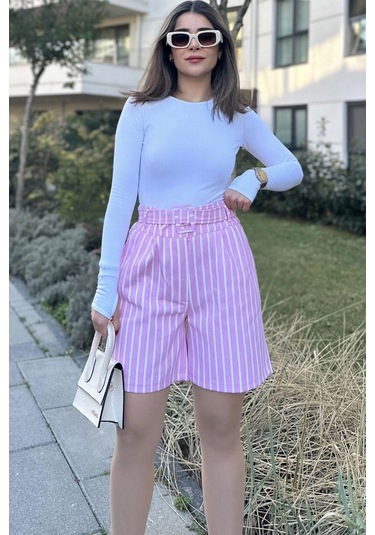 WeShaya Kadın Pembe Kemerli, Yüksek Bel, Pliseli, Rahat Kesim, Gabardin Şort Pembe