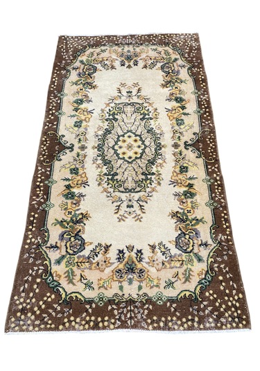 El Dokuma Retro Vintage Halı 117x215 Yün Eskitme Sıfır Halı Kahverengi