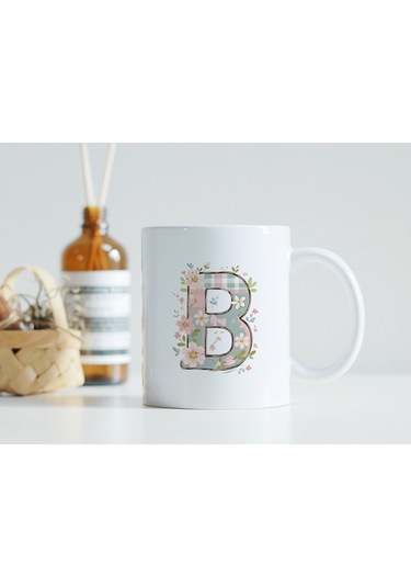B Harfli Çiçek Desenli Kupa Bardak - Ekose Desenli Yeşil Pembe Desenli Tasarım - Kişiye Özel Hediye Beyaz