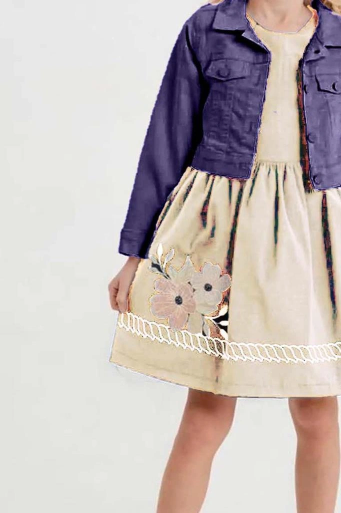 Riccotarz Kız Çocuk Üzerinde Jeans Ceket Ve Çiçek Dikiş İşlemeli Krem Elbise Krem