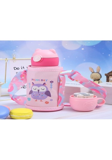 Moveevo Kız Çocuk 316 Paslanmaz Çelik Isı Saklama Şişesi - Ayı Baskılı Pembe Karyola Su Bardağı Gri