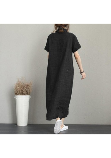 Barbora Keten Günlük Kısa Kol Tam Boy Yazlık Salaş Kadın Elbise Ln245syh3 001