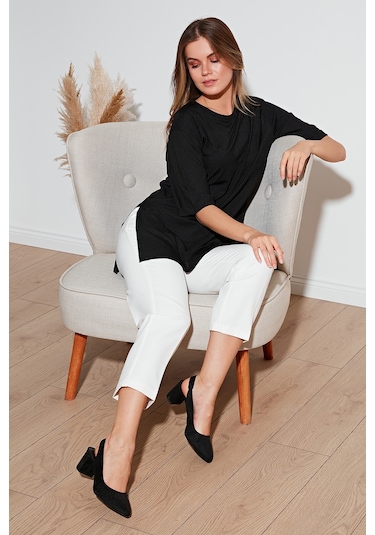 Lela Oversize Bisiklet Yaka Yırtmaç Detaylı Bayan Bluz 5869000 Siyah