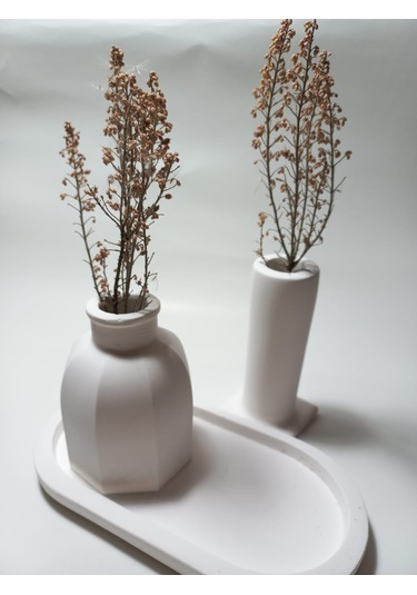 Tabaklı Dekoratif İkili Vazo Set Beyaz Beyaz