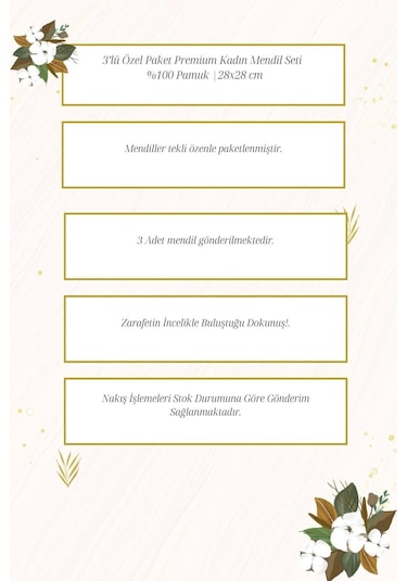 3 Lü Özel Paket Premium Kadın İşlemeli Mendil Seti %100 Pamuk 28x28 Cm Çok Renkli