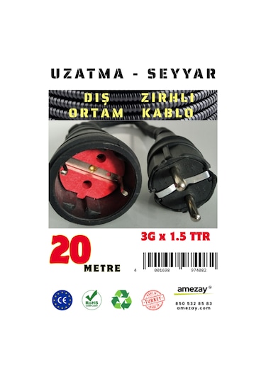 20 Metre Dış Ortam Spiral Zırhlı Uzatma Kablosu - G3x1.5 Kablo Kesiti 20 Metre