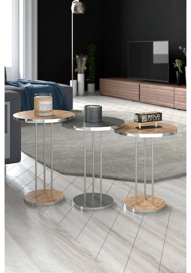 Orta Sehpa Ve Zigon Sehpa Terra Set Gümüş Antrasit Ceviz