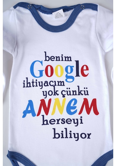 Yeni Sezon Google Annem Yazılı Bebek Çocuk Uzun Kol Pamuk Bady Zıbın Lacivert