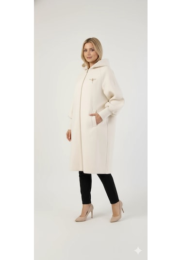 Kadın Gri Kapüşonlu Balon Kol Fermuarlı Kaban Oversize Midi Boy Kışlık Kaşe Mont Bej