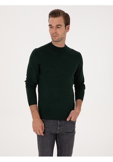 Cacharel Zümrüt Slim Fit Yün Karışımlı Çeyrek Balıkçı Yaka Basic Triko Kazak Yesıl