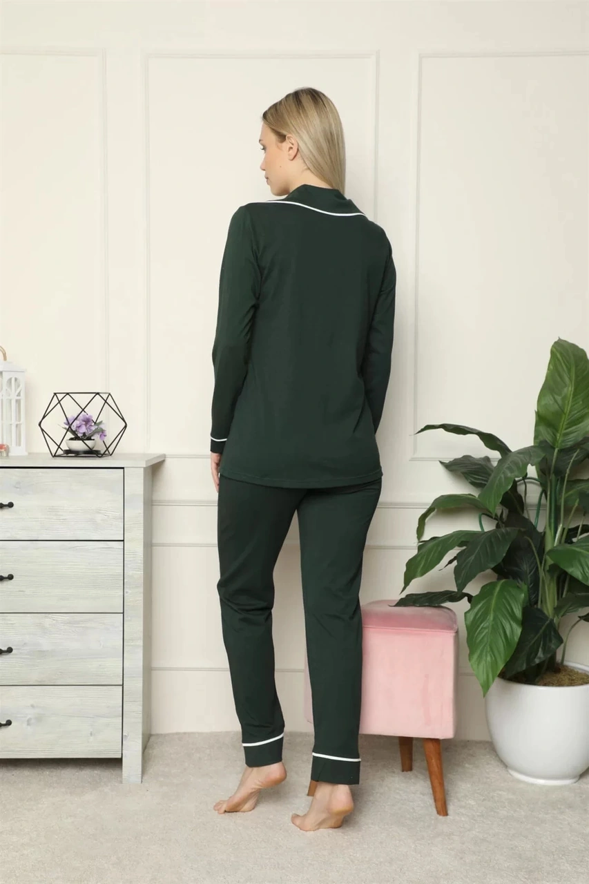 Moda Kadın %100 Pamuk Penye Önden Düğmeli Uzun Kol Pijama Takım Yeşil Yeşil