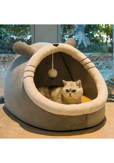Honeybeeshop Katlanabilir Taşınabilir Küçük Ayı Karakterli Kedi Mağarası Rahat Süngerli Kedi Evi Yatağı