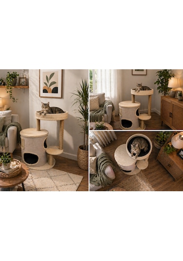 Zen Modern Kedi Evi Tırmalama Direkli Konforlu Kedi Yuvası