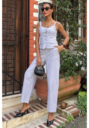 The İstanbul Kalın Askılı Bluz Pantolon Keten Takım 10187 Gri