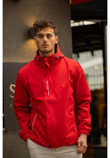 Yeast İçi Astarlı Suya Dayanıklı Kapşonlu Fermuarlı Yağmurluk - Kırmızı Kırmızı