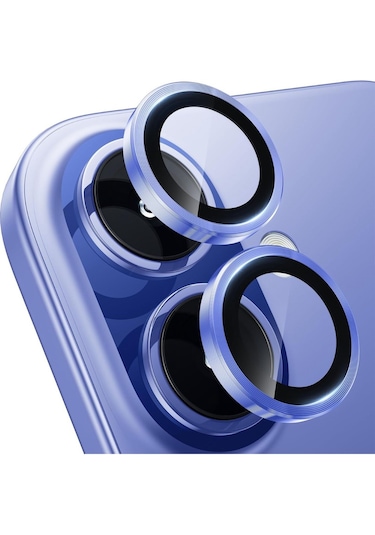 İphone 16 Uyumlu Metal Çerçeveli Temperli Kamera Lens Koruyucu-mavi