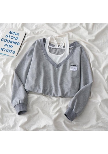 Gri Moda Kadın Sahte Iki Parçalı Straplez Açık Göbek Üst Hazırlık Tarzı Harajuku Swearmshirt Gevşek Rahat Kazak Gri