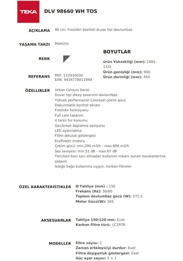 Teka DLV 98660 WH Duvar Tipi Davlumbaz 112930030