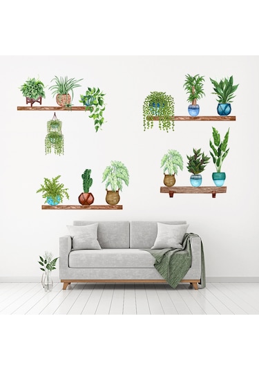 Raflı Saksılı Çiçek Tasarımlı Yapışkanlı Sticker 5060 Çok Renkli