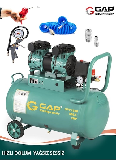 Germany Stle Gp 50 Litre Sessiz Yağsız Hızlı Dolum 2 Hp Kompresör Lastik Şişirme Hava Hortumu Setli