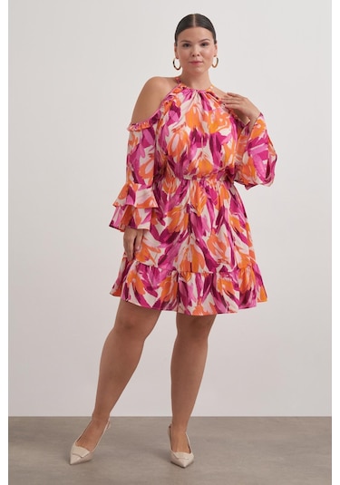 Pencere Detaylı Volanlı Elbise-6223 Çok Renkli