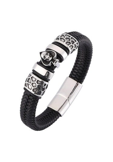 Punk Maça Kafatası Takı Erkek Bileklik Charm Paslanmaz Çelik Bilezikler Siyah Geniş Örgülü Erkek Deri Bileklikler Siyah