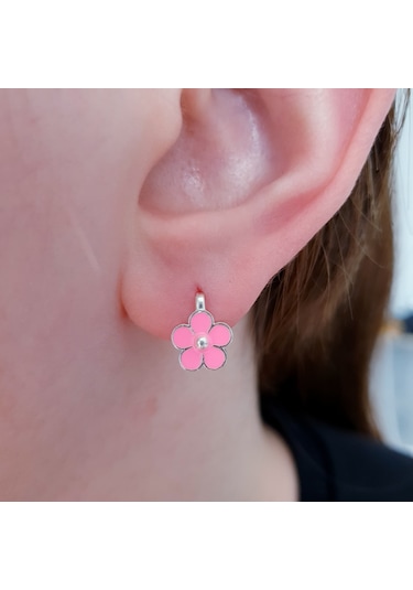 Magrib Pembe Çiçekli Gümüş Çocuk Küpesi