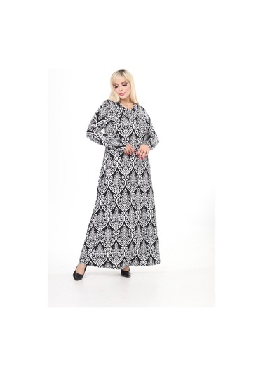 Kadın Büyük Beden Yumuşak Dokulu Otantik Desenli Elbise Beyaz