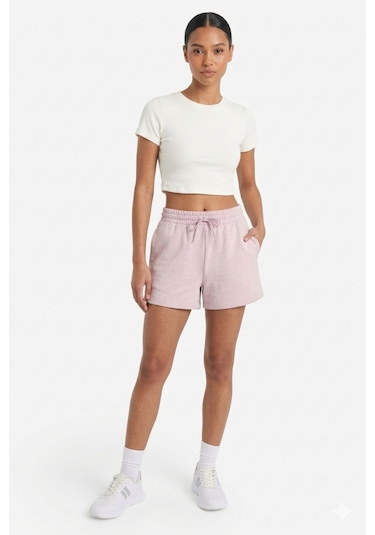 Soft&Basic Kadın Rahat Kalıp Cepli Beli Lastikli Kısa Paça Mavi Şort Pembe