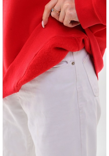 Kallima Oversize Baskılı İçi Polarlı Kırmızı Kadın Sweatshirt Kırmızı