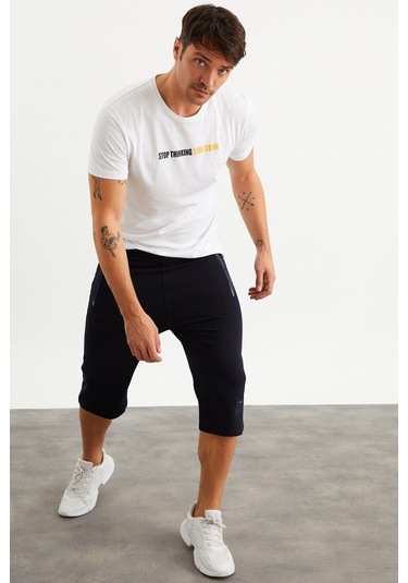 201762 Cep Nakış Detaylı Erkek Kapri-Lacivert