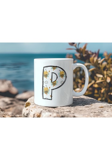 P Harfi Arı Desenli Kupa - Sevimli Hayvan Temalı Kişiye Özel Kahve Kupası - Şans Kupası Beyaz