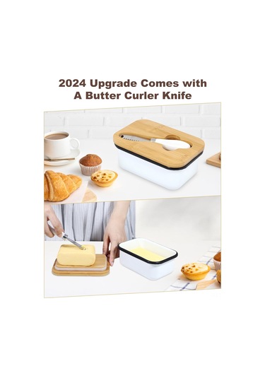 Gajeena Bambu Kapaklı Beyaz Metal Tereyağı Saklama Kutusu Ve Bıçak Seti Beyaz