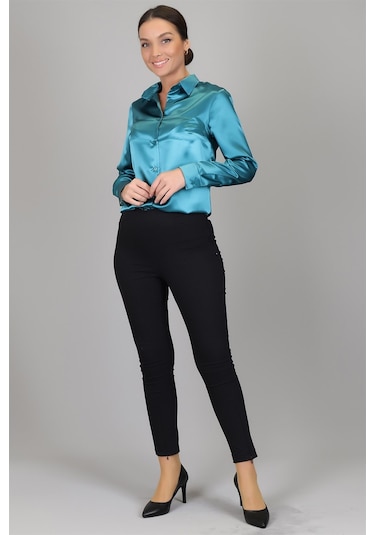 Sweetness Kadın Petrol Yeşili Saten Uzun Kol Abiye Gömlek Yeşil