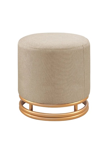 Nuvi Puf Gold Metal Çerçeveli Keten Çok Amaçlı Dekoratif Oturak, Makyaj Oturağı,montajsız Puf Bench Cappuccino