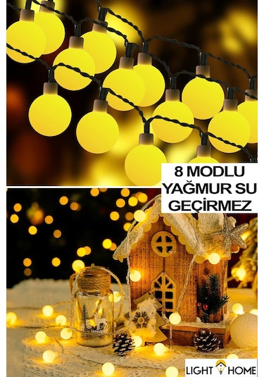 Lighthome Güneş Enerjili Işıklar 50 Led Sarı Opak Küre 8 Modlu Parti Bahçe Dekoratif Aydınlatma 7 M