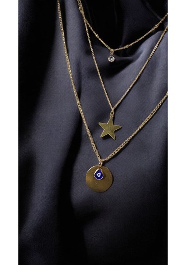 Altın Renk Üç Katmanlı Şans Kolyesi Yıldız, Nazar Ve Işık Taşı Gold