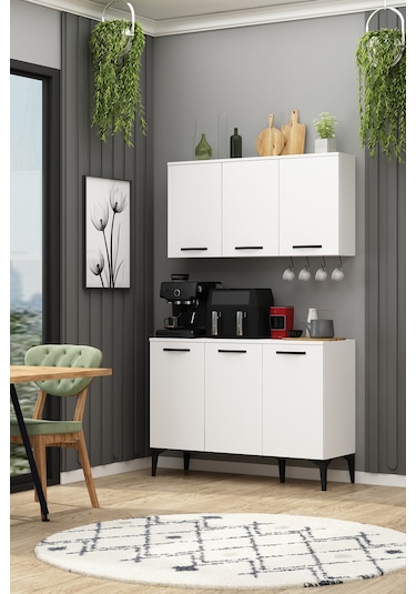 İva Kahve Köşesi Fırınlı Airfry Dolabı Takımı Askılı Çok Amaçlı Erzak Dolabı Beyaz Beyaz