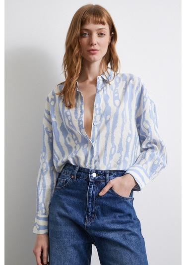 Zebra Desen Modal Gömlek Mavi Mavi