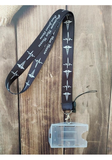 Tıp Sembolü Siyah Zemin Kart Askısı Yaka Kartı Boyun Askı İpi Telefon Askısı Yatay Dikey Kart Koruyucu