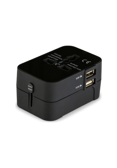 Evrensel Seyahat Adaptörü - Çift Usb Şarjlı, 110-250v, Siyah