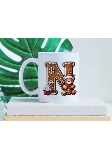N Kurabiye Harf Ve Ayıcık Detaylı Kupa Bardak - Yeni Yıl / Yılbaşı Temalı Tasarım - Noel Hediye Beyaz