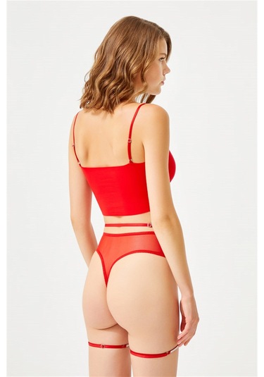Kırmızı Ayarlanabilir Taş Detaylı Tanga Külotlu Kadın Jartiyer Kırmızı
