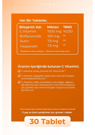 VOOP Vitamin C + Turunçgil  Bioflavonoidleri 1000 mg 30 Tablet